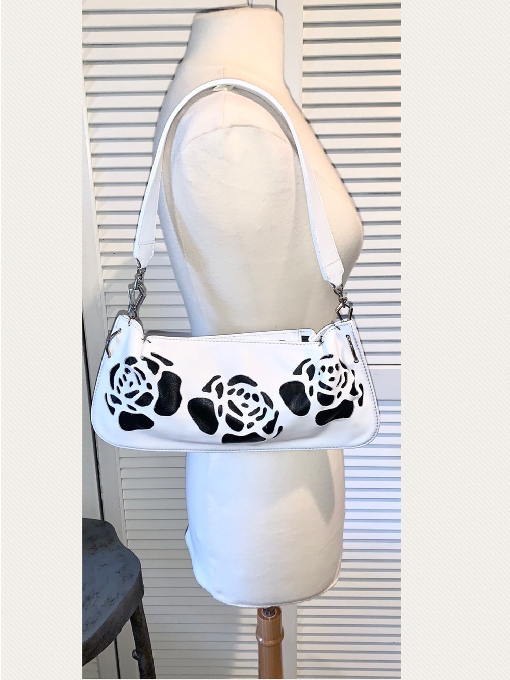 White Floral laser cut out clutch purse with silver hardware